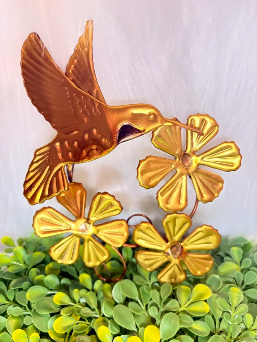 Vintage Brass Gold Tone Metal Hummingbird & Flowers Wall Decor