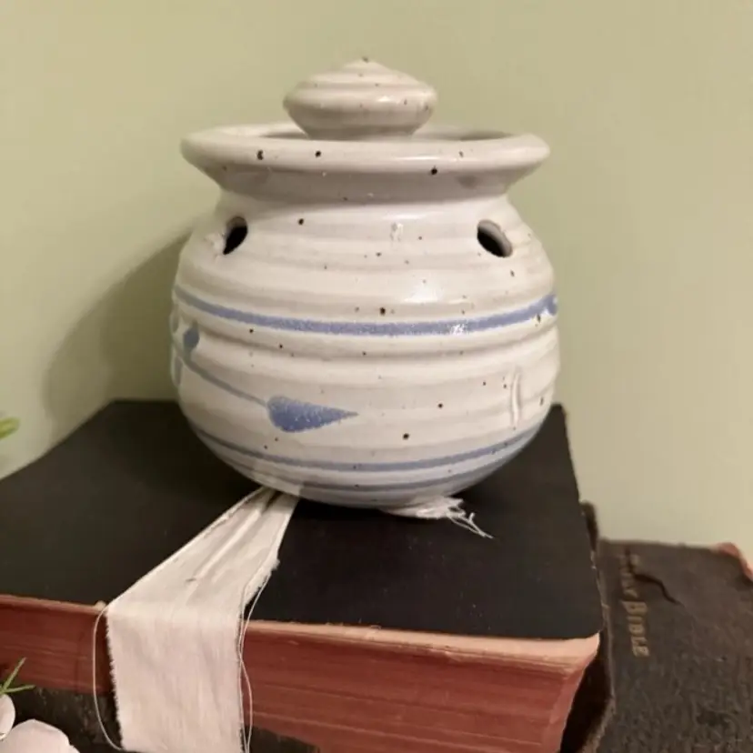 Studio Art Pottery Stoneware Lidded Jar, Abstract Designs: white/blue; signed