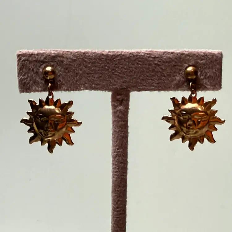 Copper Tone Anthropomorphic Sun Face Dangle Earrings Pierced