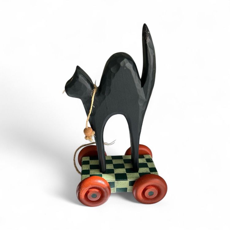 Folk Art Black Cat Pull Cart Wooden Figurine