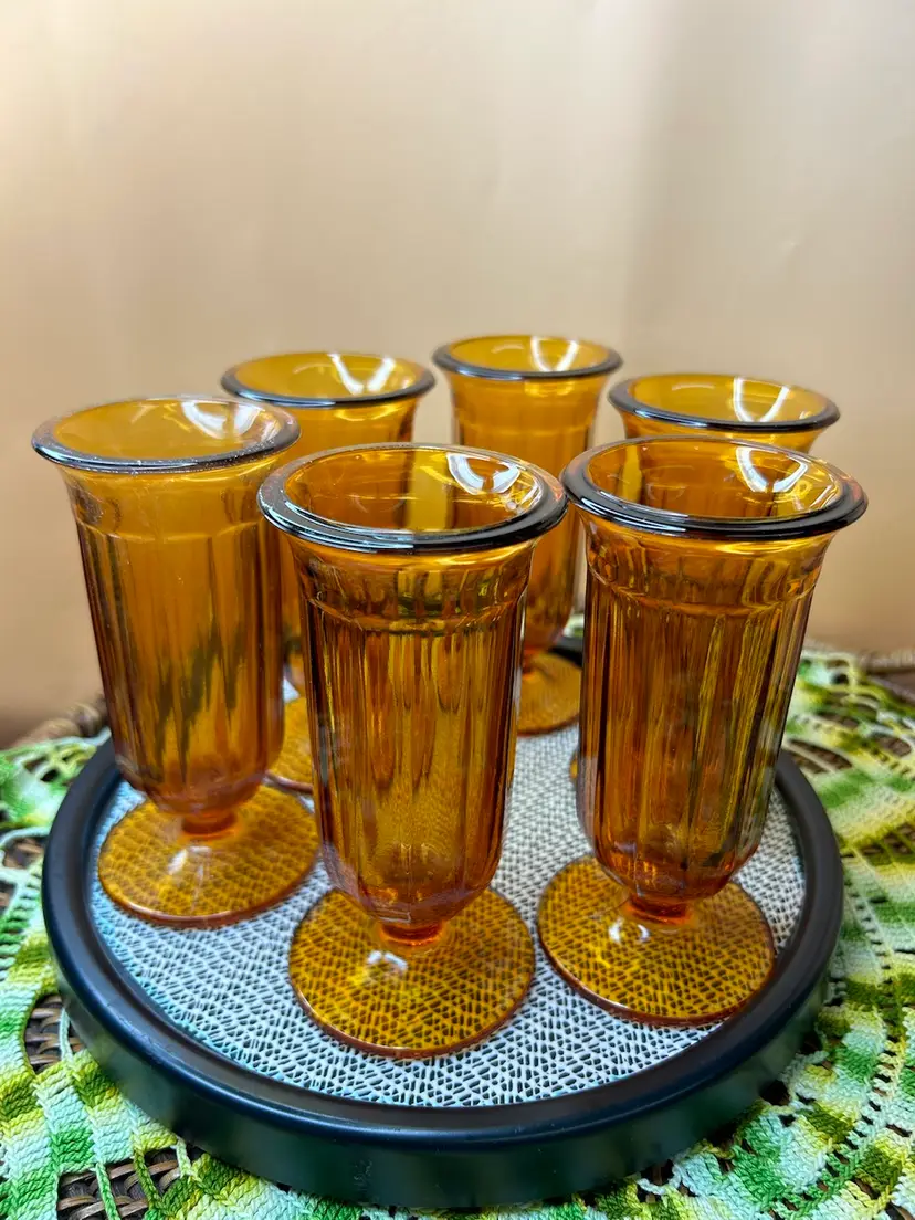 Vintage Amber Footed Parfait Glasses - Indiana Glass? - Set of 9