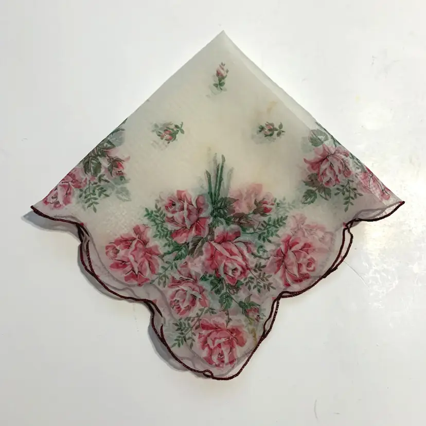 Sheer Floral Handkerchief Rose Bouquet Scallop Cottage Core Granny Vintage READ