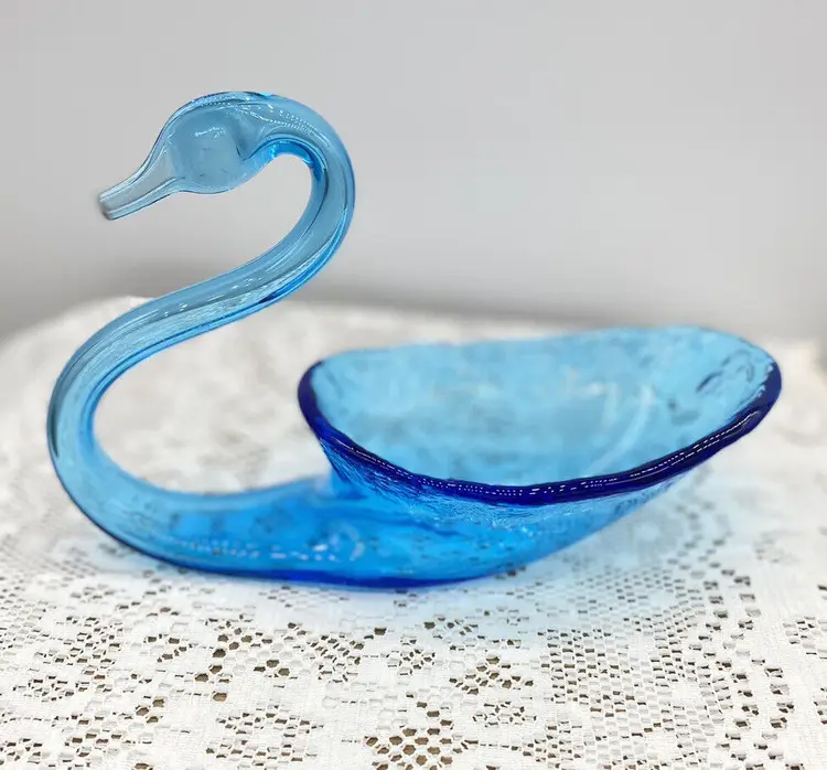 Vintage Ocean Blue Glass Hand Blown MCM Swan Bowl Trinket Candy Dish Mid Century