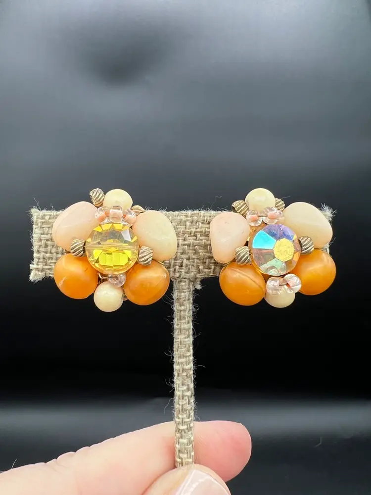 Vintage Cluster Beaded Clip On Earrings Not Marked