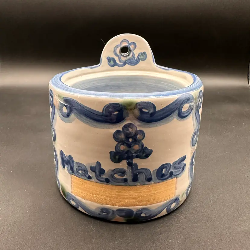 M. A. Hadley Blue White Pottery Match Holder Striker, Signed