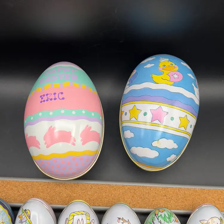 13 Decorated Metal Tin Easter Egg Candy Rabbit Goose Switzerland Lynn Gates