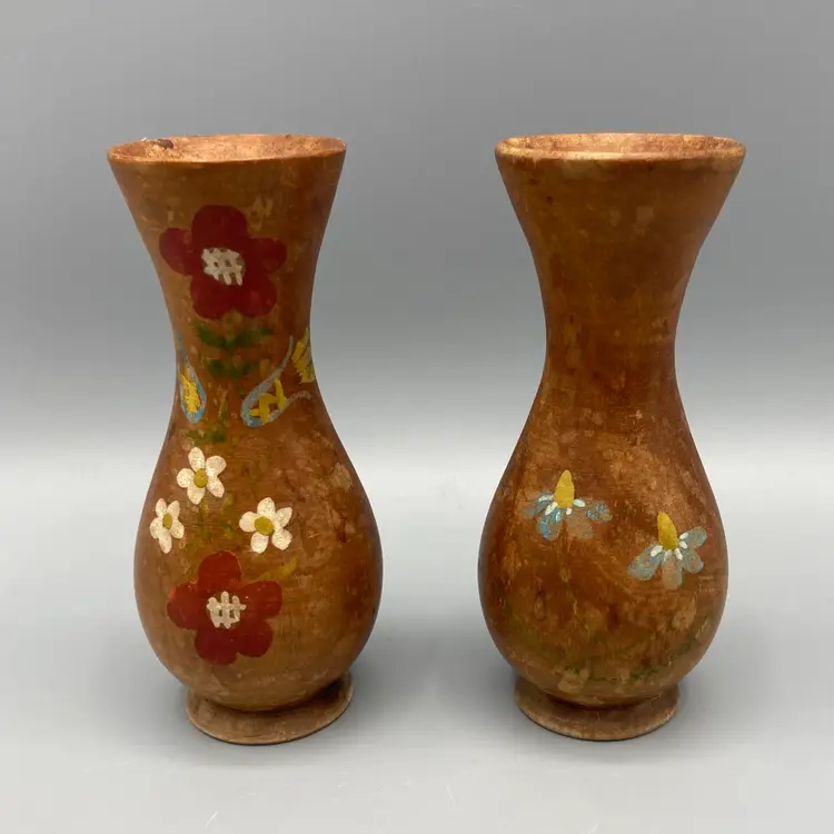 Vintage Hand Turned Solid Wood Vase with Hand Painting - Set of 2 - Miniature