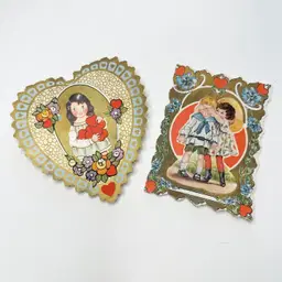 1930’s Lot Of 2 Valentines Kitschy Kids Heart And Rectangle