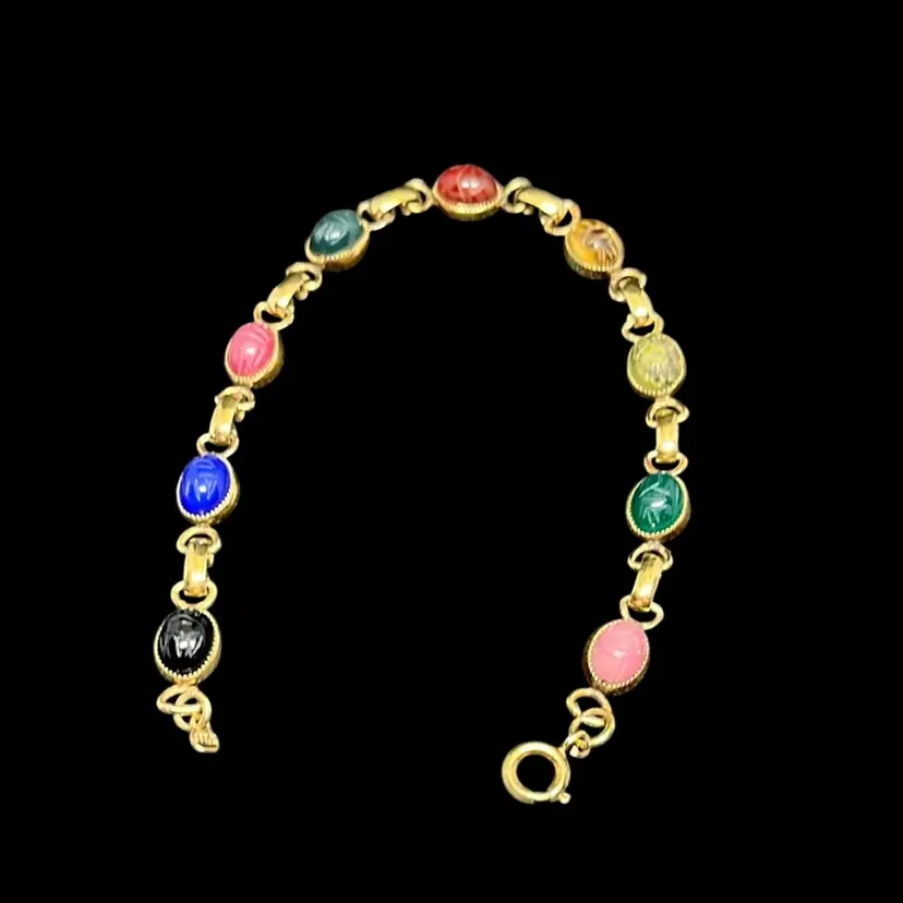 Wells 14k Gold Filled Scarab Bracelet 9 Stones 7.5”