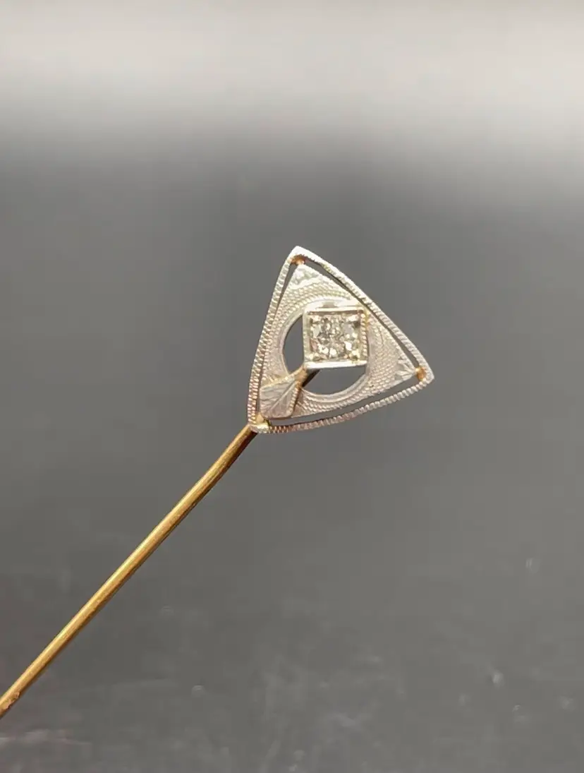 Antique Art Deco 14K Gold & Diamond Stick Pin – Platinum Plated Top – Geometric Design
