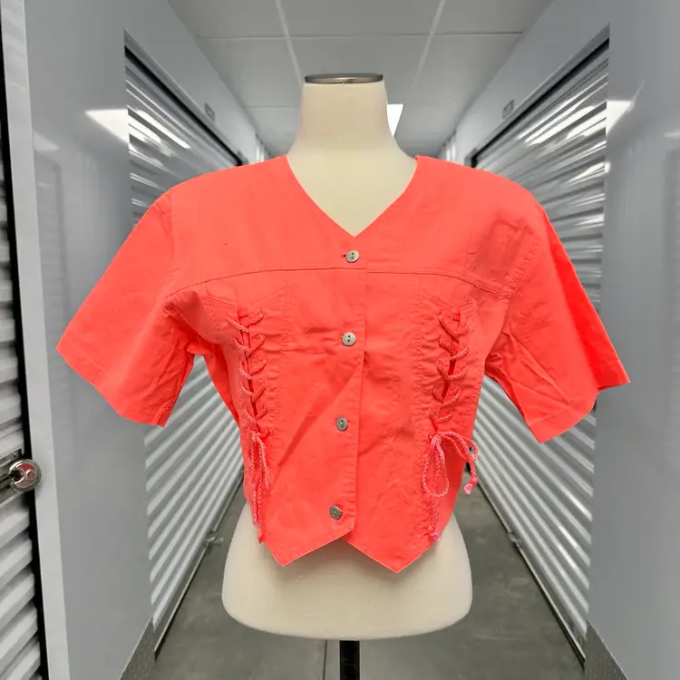 Vintage 80s Shore club neon coral lace up shacket shirt M