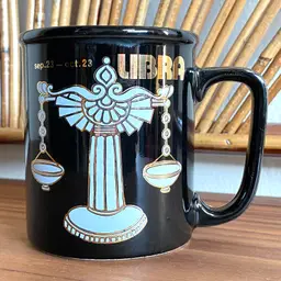 Vintage Libra Zodiac Mug Black White and Gold Scales Ceramic