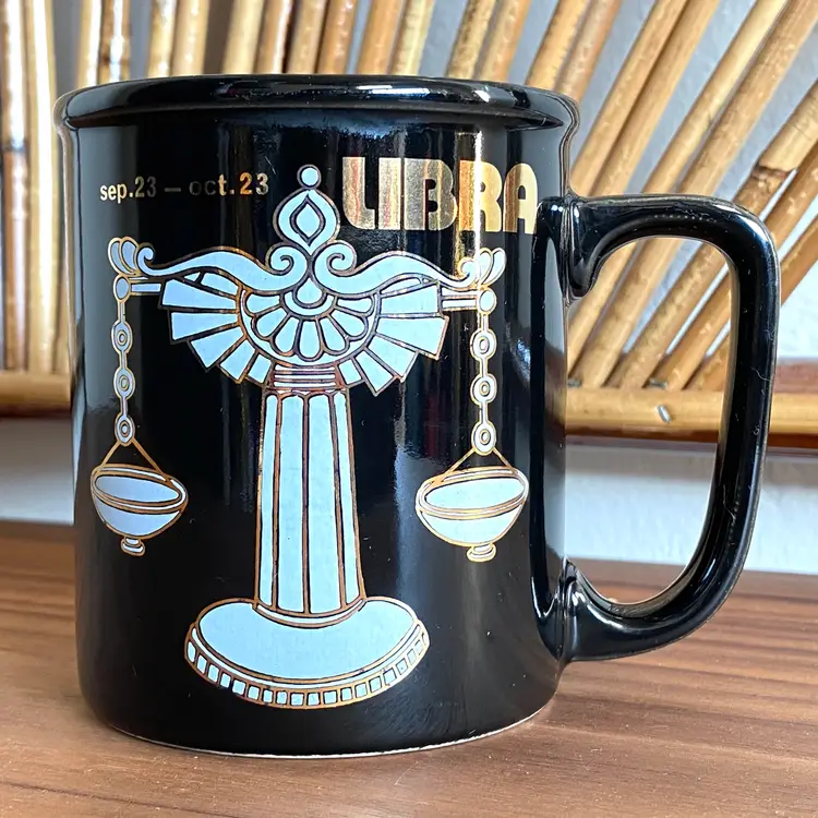 Vintage Libra Zodiac Mug Black White and Gold Scales Ceramic
