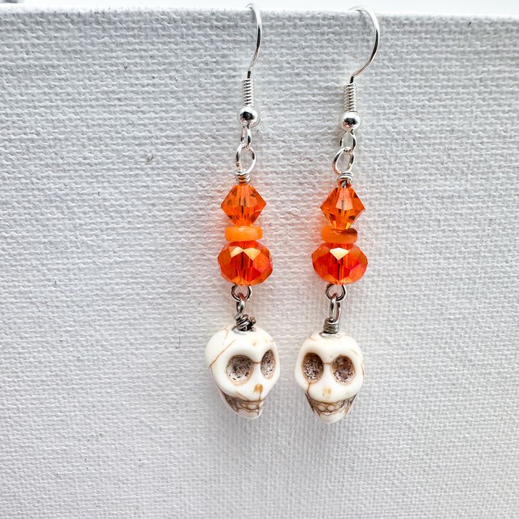 Skull Earrings Handmade Pierced Orange Faceted Bead Accents Silver Tone 2"L