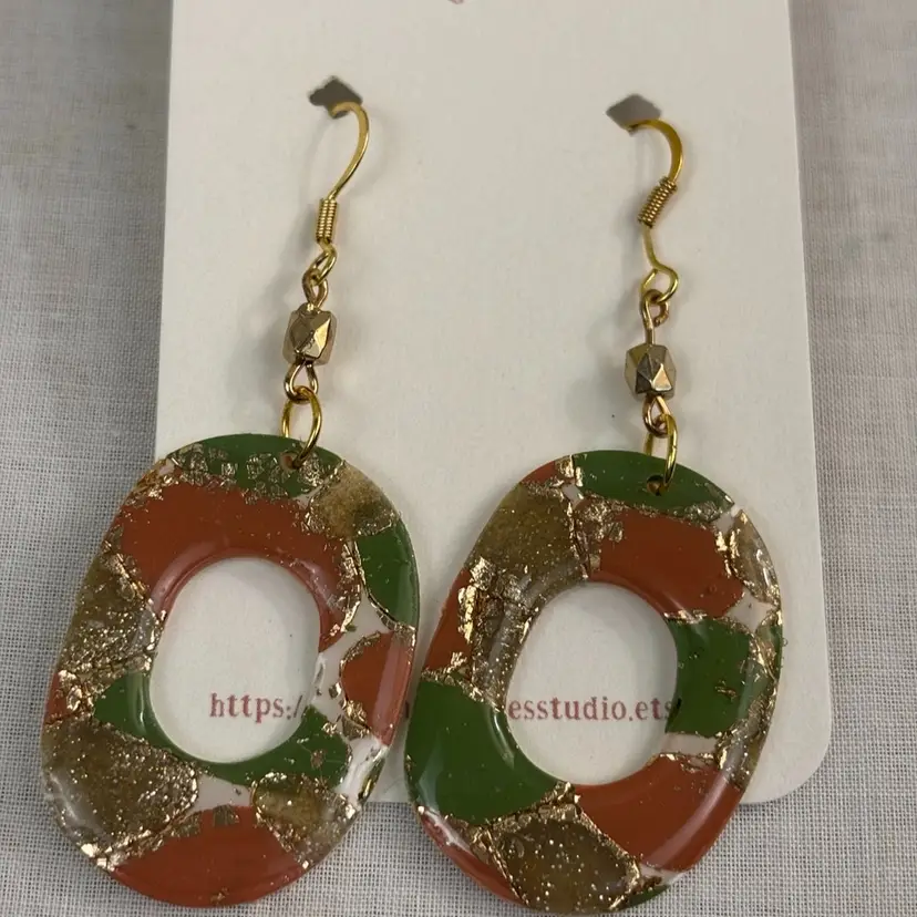 Handmade Green Gold Orange Polymer Clay Earrings Nickel Free