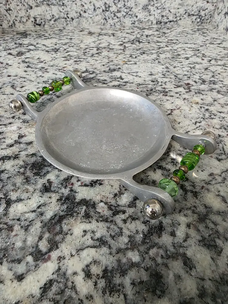 Vintage Trinket Tray w/Green Beaded Handles
