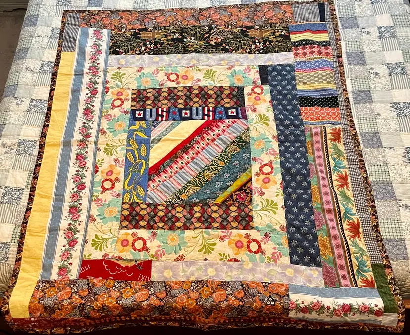 Handmade Small Scrappy Quilt Lap Blanket USA Thank You For Your Service, 4th of July, Patriotic Home Decor 