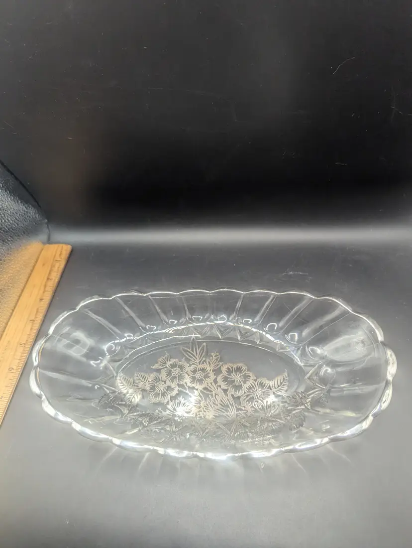 Vintage Glass Serving Dish With Silver Overlay Scalloped Edges And Floral Design