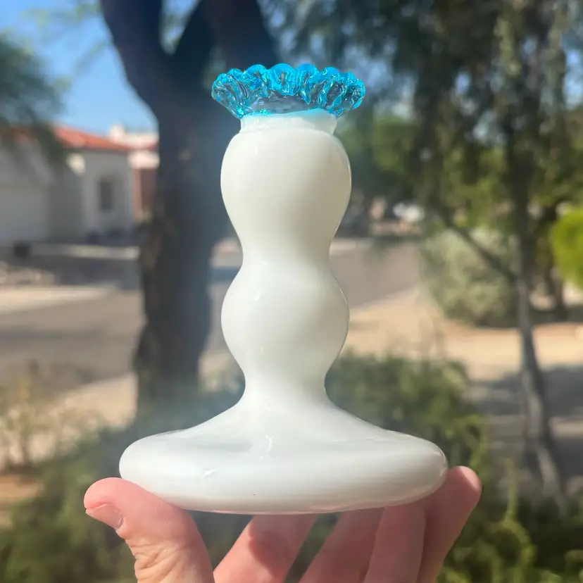 🐇Vintage Fenton Aqua Crest Milk Glass Candlestick