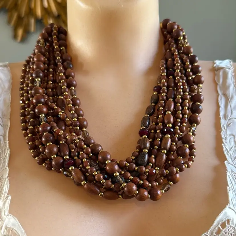 Joan Rivers Torsade Multi Strand Wood, Glass & Brass Bead Necklace, 20”