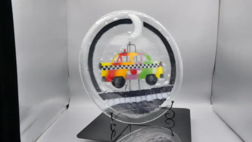 Rare Peggy Karr Checkerboard Taxi Cab Moon Plate Fused Art Glass Platter Tray 13.4" Signed with Inscribed Message
