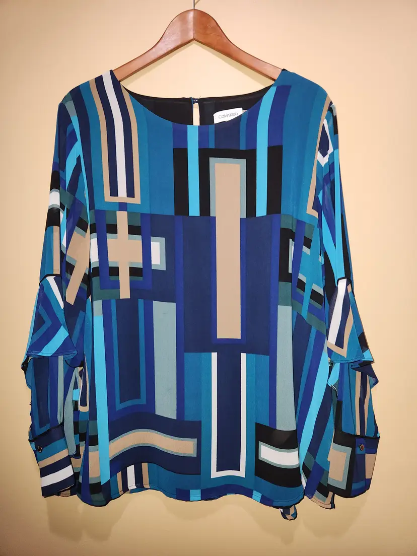 Calvin Klein Abstract Geometric Ruffled Long Sleeve Blouse Size 1X