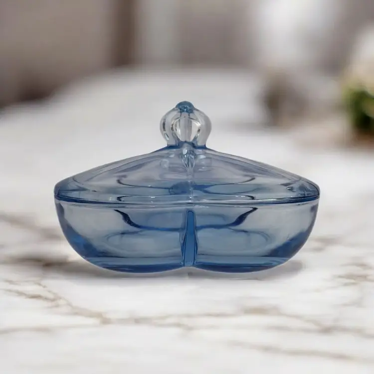 New Martinsville Glass Blue Clover Covered Candy Dish • 3 Part Divided Mid Century Modern Glass Lidded Server • Blue Relish Dish