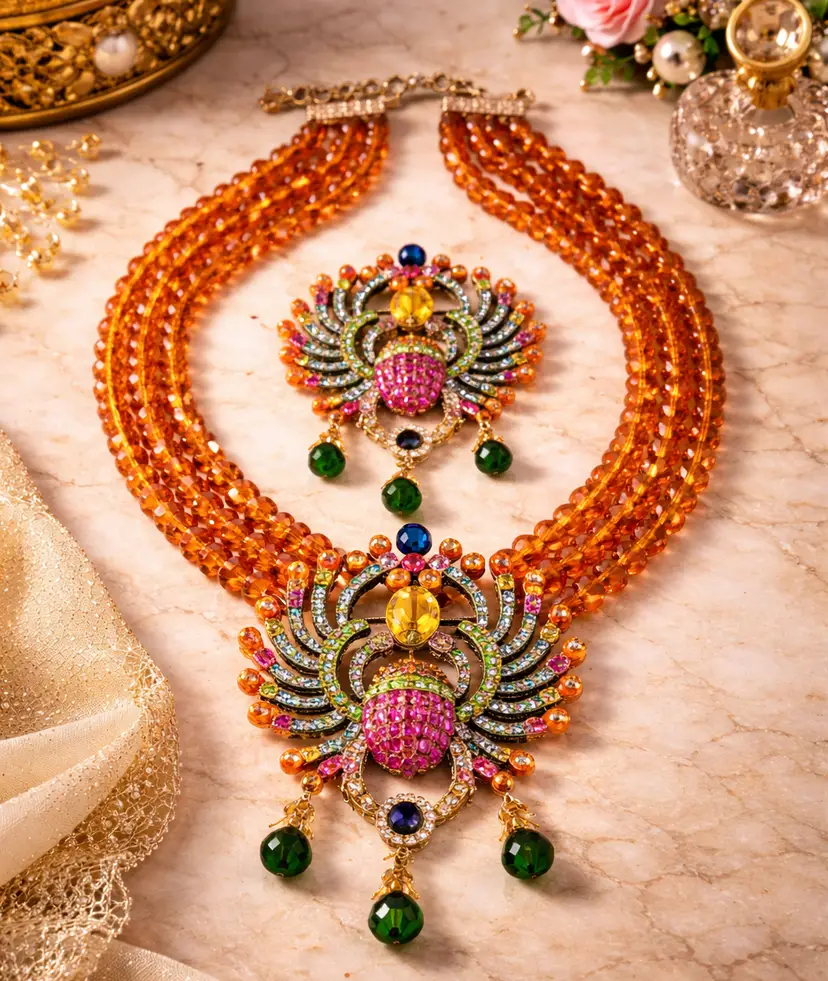💎Luxury Amber Tone Necklace & Brooch Set  Colorful Rhinestone Statement Luxury Amber Tone Necklace & Brooch Set, Colorful Rhinestone Statement