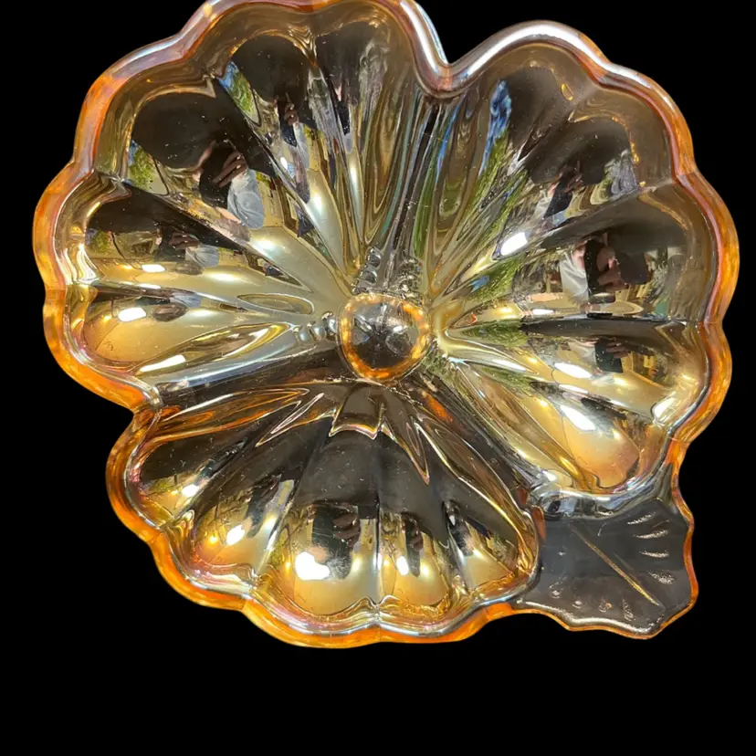 Jeannette Glass Clover or Shamrock Pattern Marigold Carnival Glass Candy or Trinket Dish
