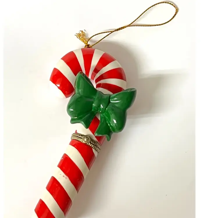 Ceramic Candy Cane Red & White Christmas Ornament Trinket Box Green Bow 5.2 in