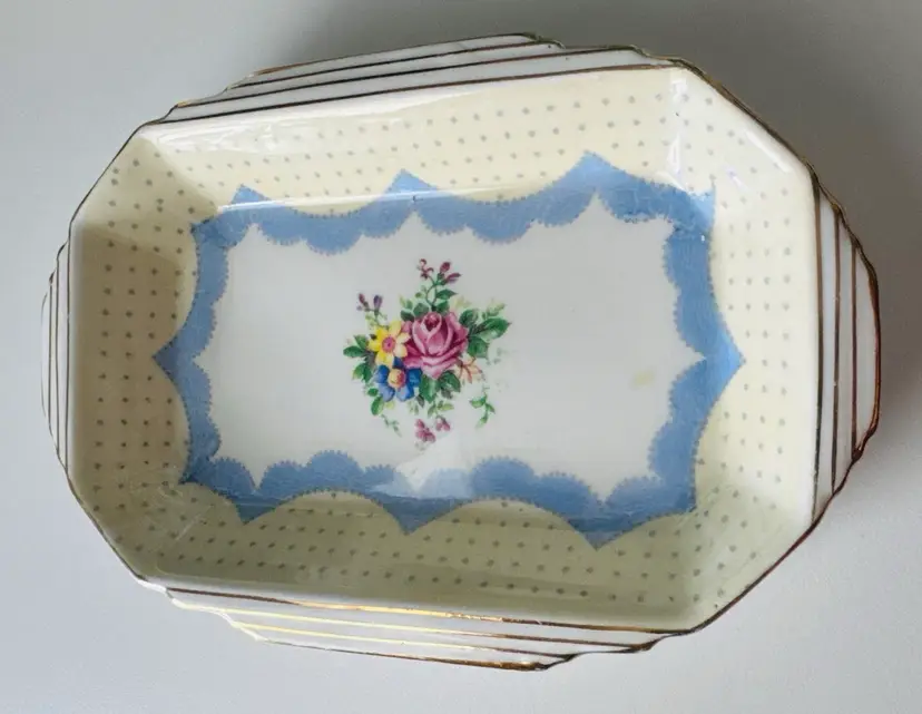 Small Vintage ROYAL ALBERT Dish - Beautiful Floral Decor In The Center With Blue Ribbon Border & Gold Trim
