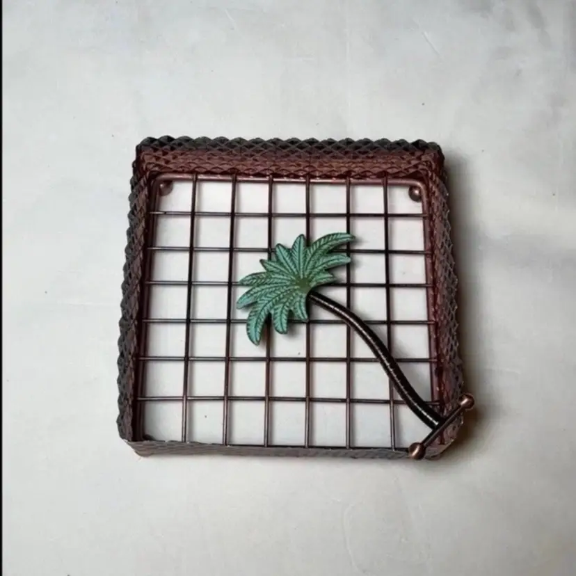 Square Metal Copper Paper Napkin Holder with Hinged Palm Tree Holder