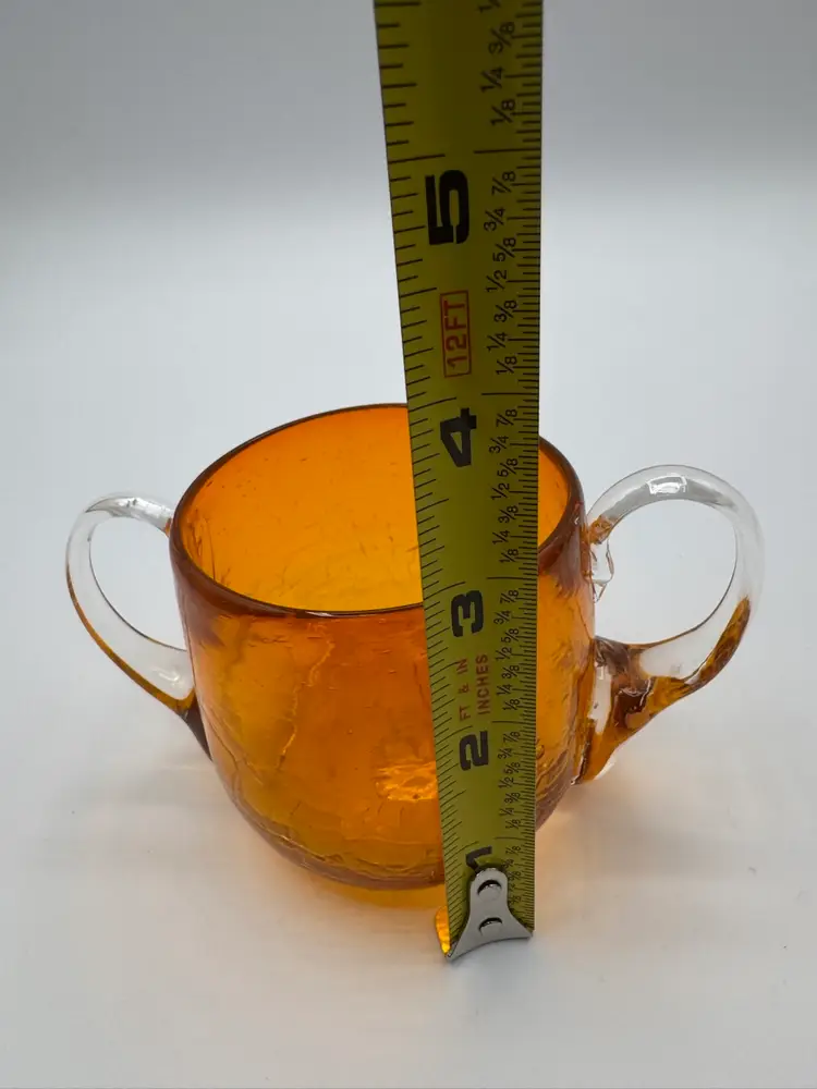 Vintage Orange Hand Blown Crackle Art Glass 2 Clear Handle Cup Glows