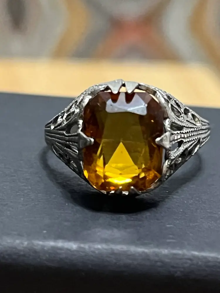 Art Deco Sterling Silver Amber Glass Ring Size 7 Open Metal Work