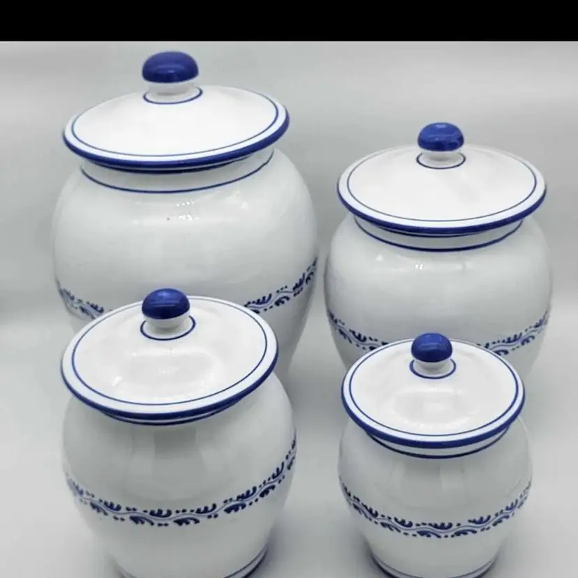 Set Of 4 Italian Peccetti Deruta White / Blue Kitchen Canister Graduated Sizes