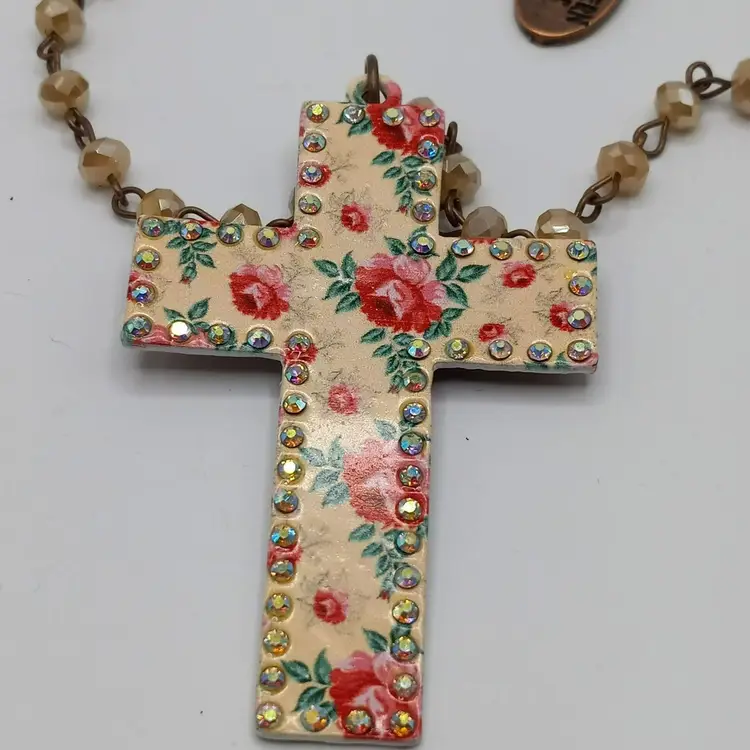 Southern Junkie Vintage Art Cross 2 3/4" Pendant Rhinestones Beaded Chain 31"