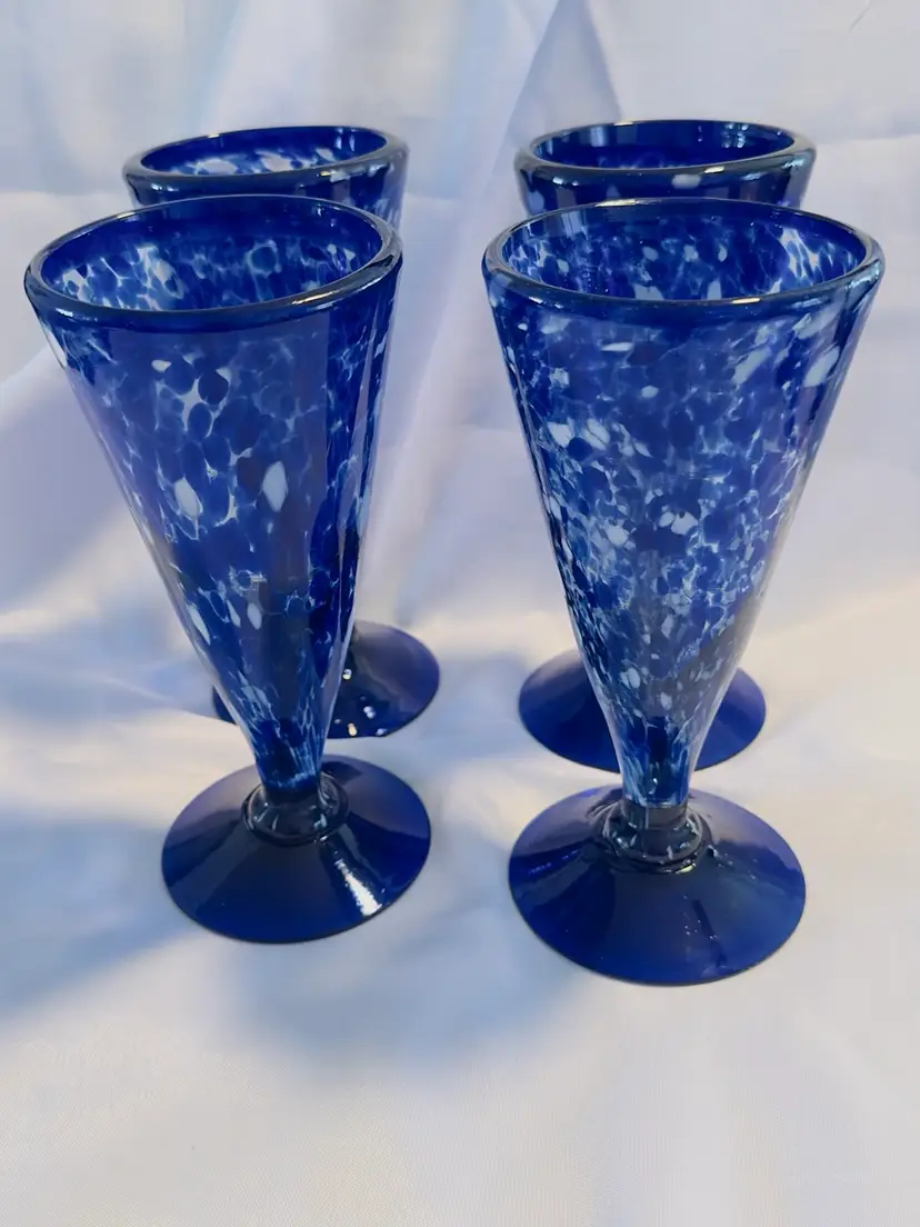 #1383 set of four, handblown, cobalt blue and white splatter art glass iced tea water goblets 8 inch footed