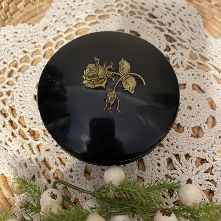 Vintage Black Powder Box with Rose Motif