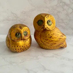 Vintage MCM Gold Leaf Owl Pair Very Heavy Ceramic/Plaster