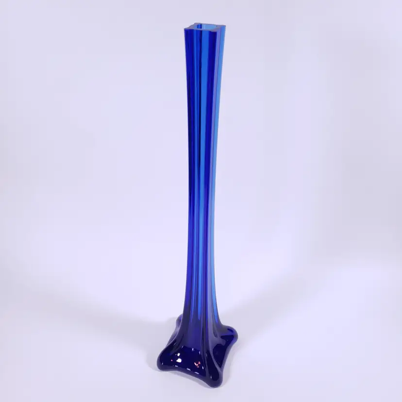 Art Deco COBALT Blue Tall Thin Square Ribbed Glass BUD VASE