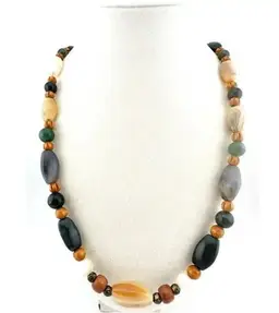 Vintage Semi Precious Tumbled Agate Jadeite Nephrite Wood Bead 22” Necklace