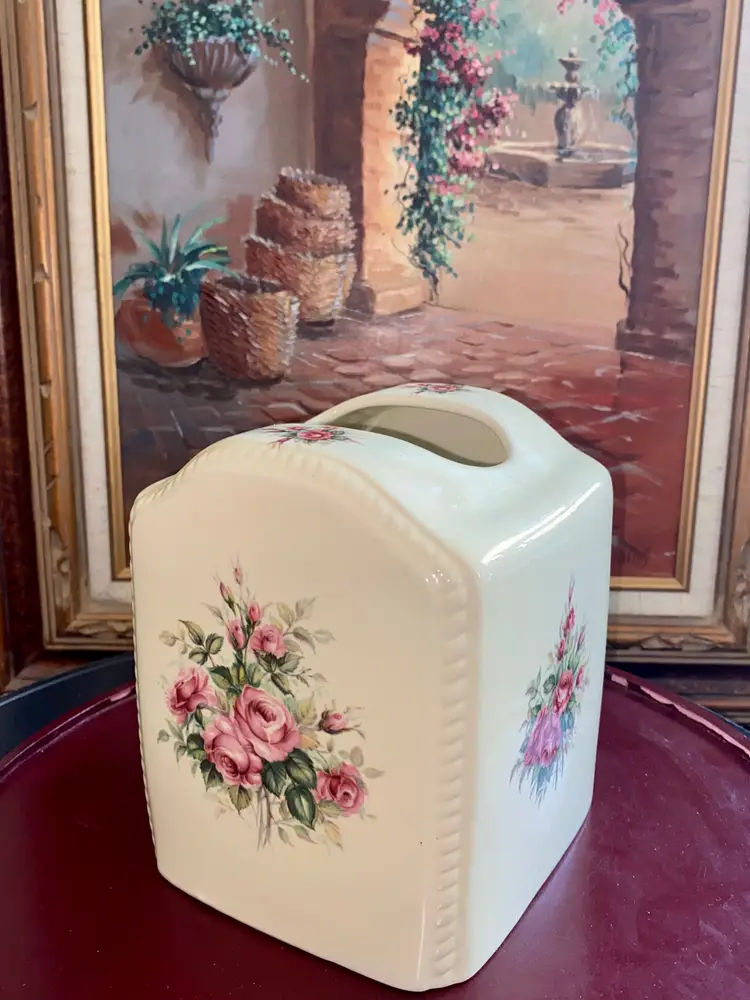 Vintage VB Athena California Pottery Victorian Rose Rhapsody Tissue Box Cover Pink • Cottagecore Country Farmhouse • Made in the USA