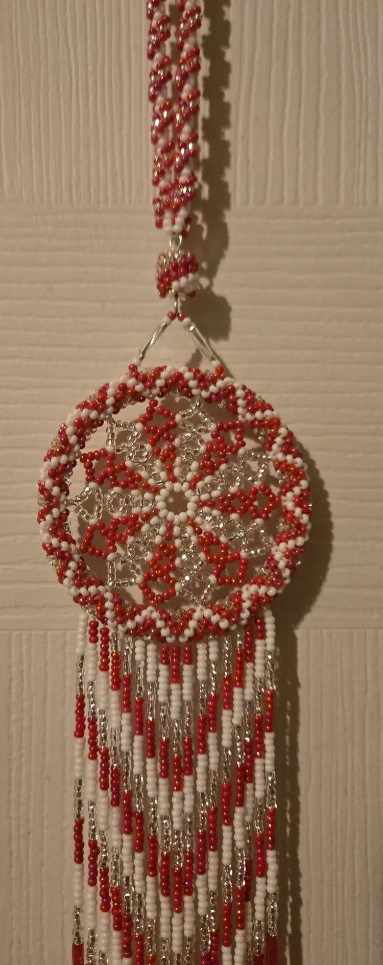 Beaded Dream Catcher Red White Peppermint Swirl