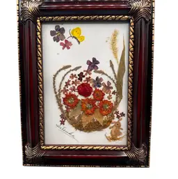 Vintage framed pressed dried flower arrangement With a Beautiful Butterfly 5x7. Signed.