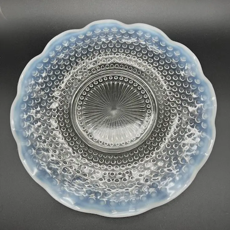 Anchor Hocking 1940s Glass Moonstone Hobnail Opalescent Ruffled Serving Plate 10.75"