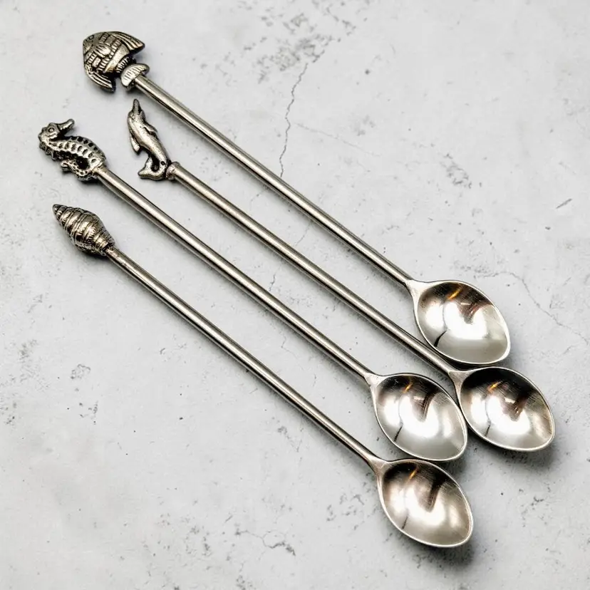 Vtg Silver Tone Cocktail Spoons Nautical Fish Dolphin Seahorse Shell Set of 4