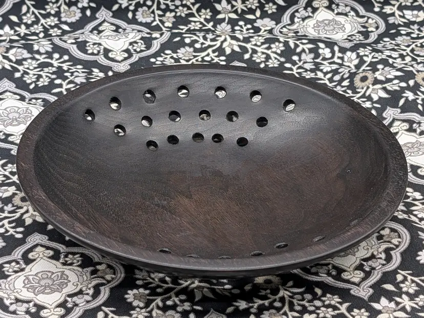 10 Inch Ebonized Walnut Fruit Dish with Lattice Drilled Holes