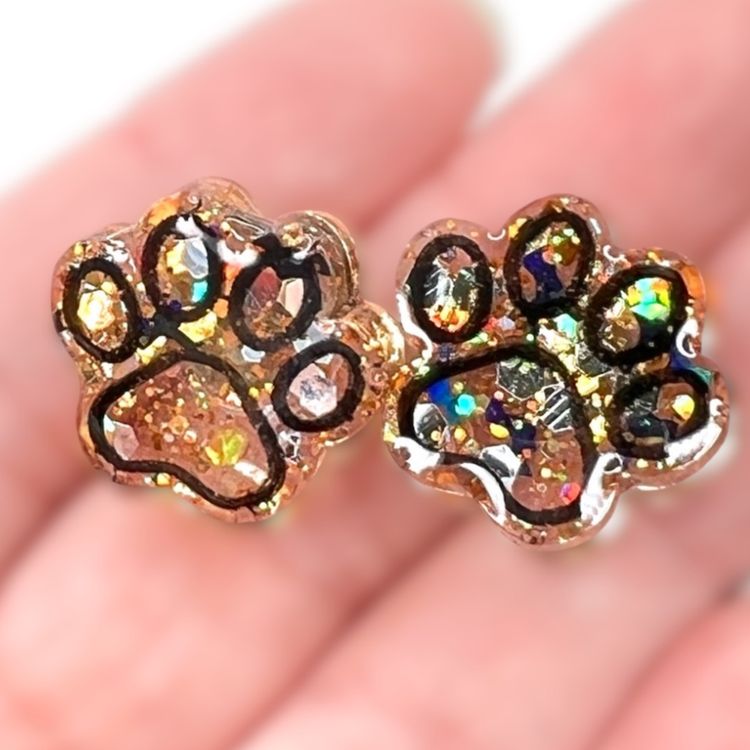 Dog or Cat Paw Resin Stud Earrings. Orange and Black Sparkle Glitter with Holographic Bats. Halloween 🧡🦇