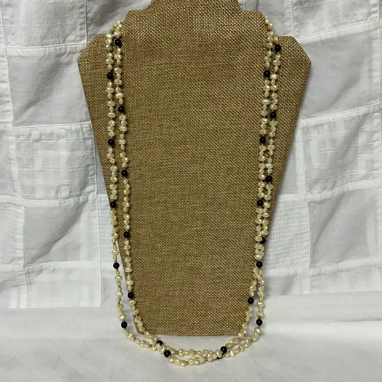 Vintage Handmade 72” Single Strand Faux Fresh Water Pearl And Black Stone Necklace