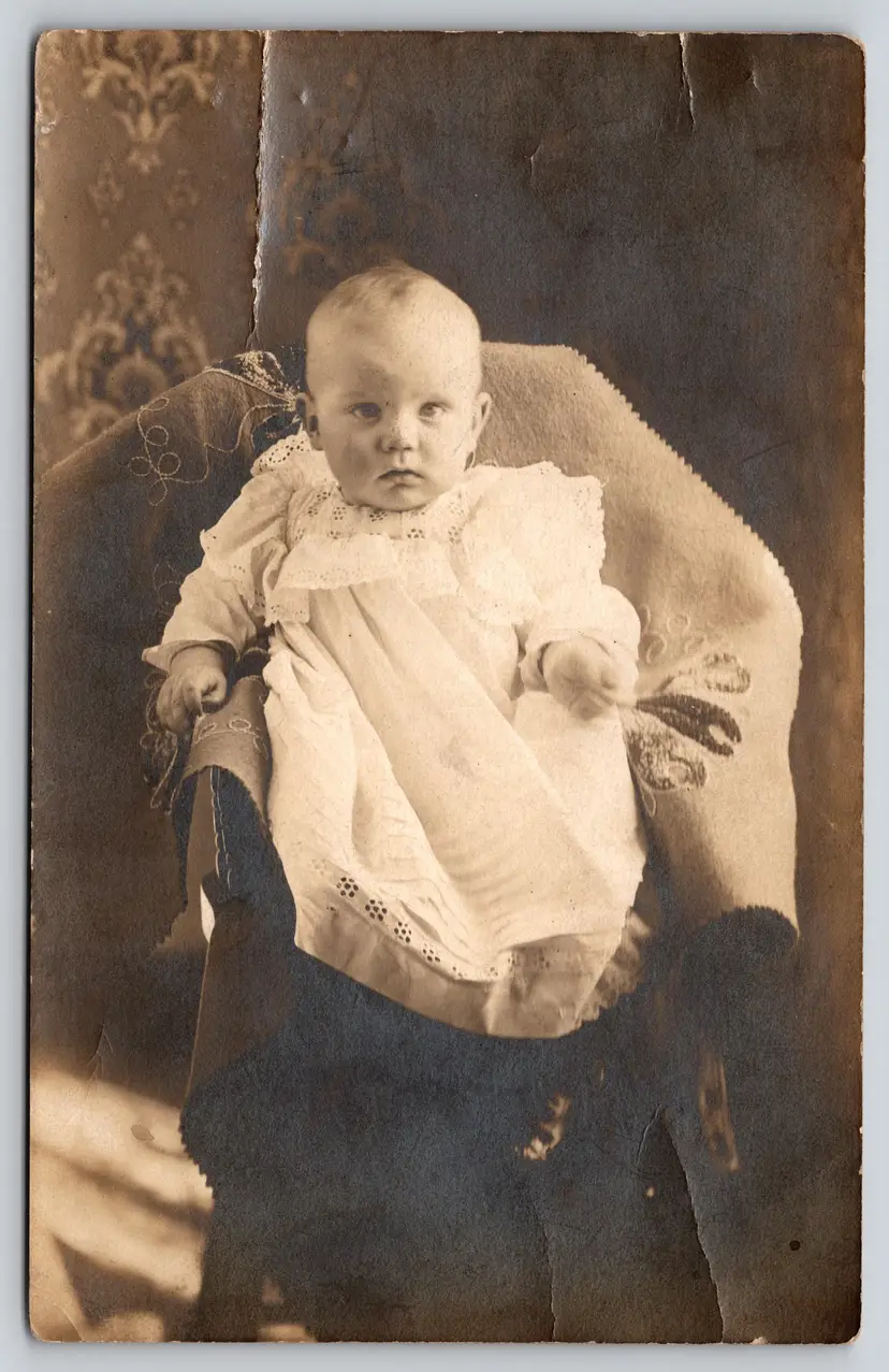 Postcard RPPC Baby in White Dress Sitting in Chair Real Photo - 8750